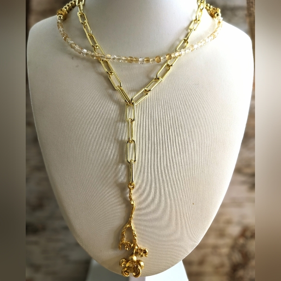 Natural Citrine And Gold Beads In Long Two Strand Gold Paperclip Necklace - Picture 1 of 12